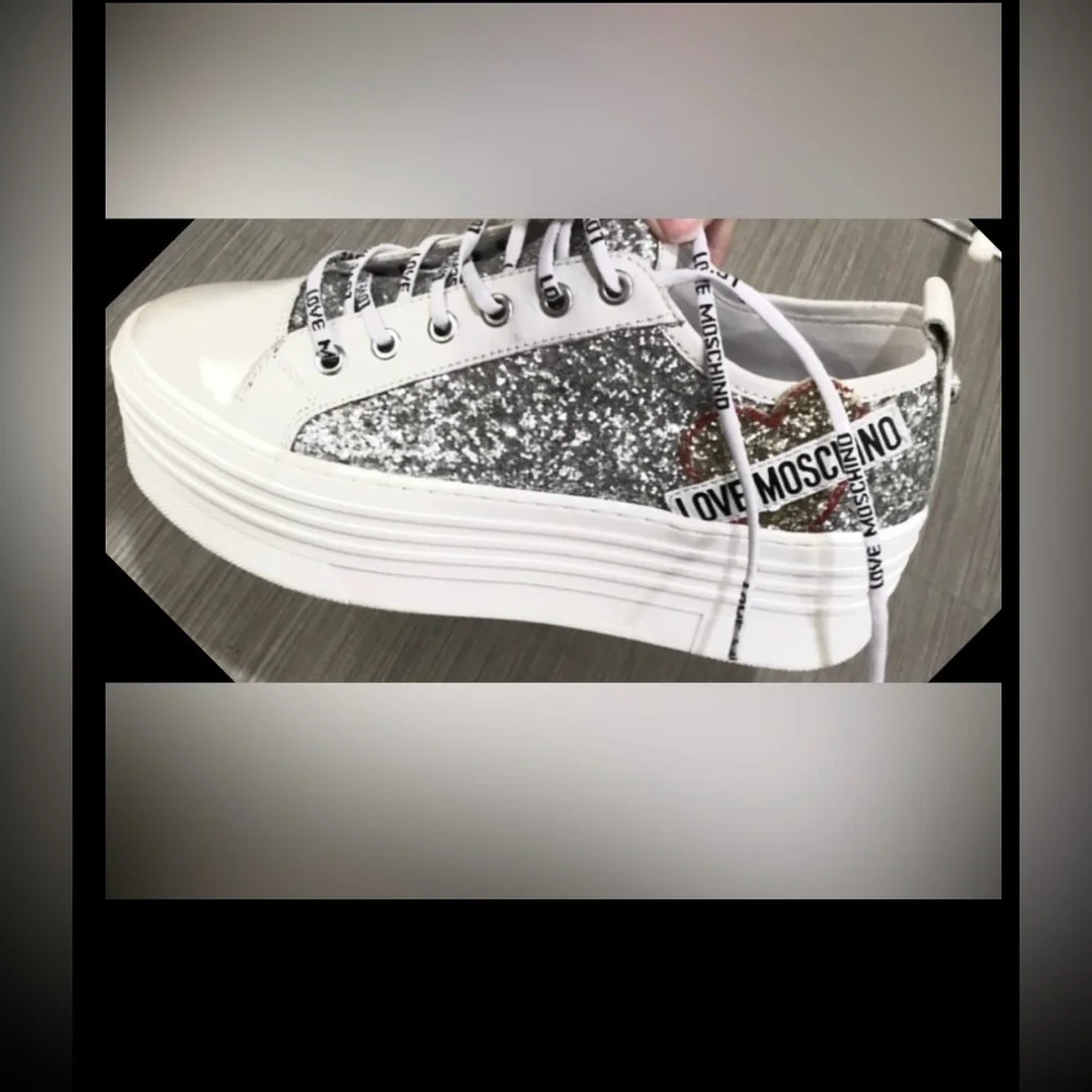 Love Moschino Leather platform sneakers Silver Glitter on White  EU 38 = US 7.5
